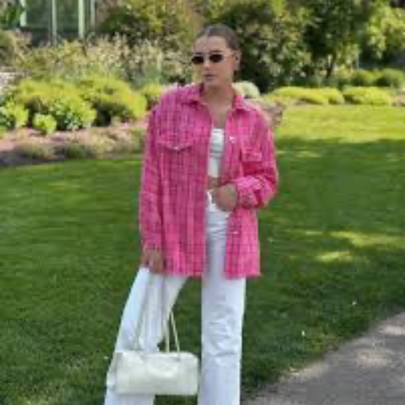 Zara Tweed Textured Woven Plaid Frayed Overshirt Shacket Shirt Jacket Pink S - Picture 1 of 16
